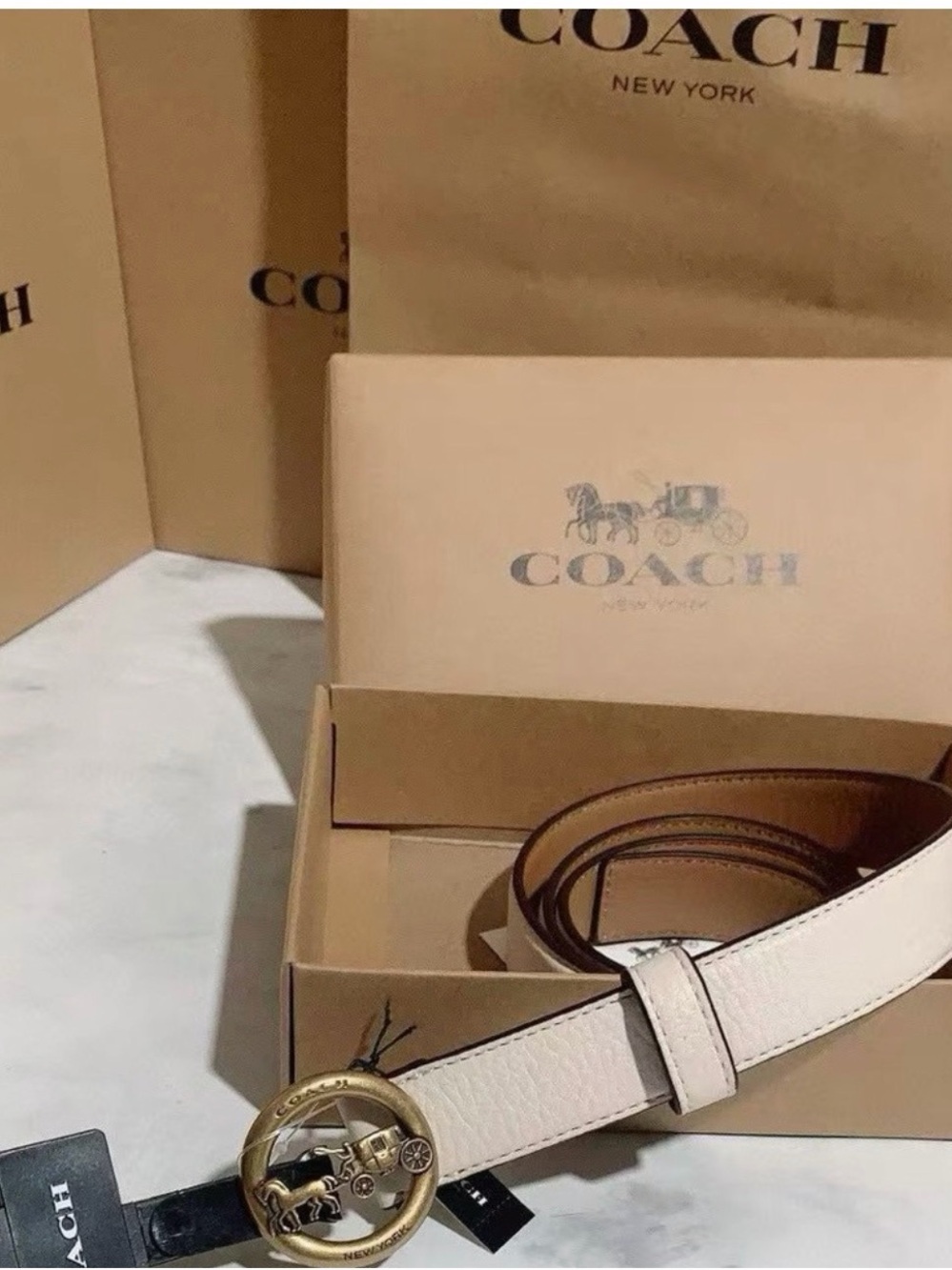 Coach Ivory Leather Belt with Gold Horse & Carriage Buckle